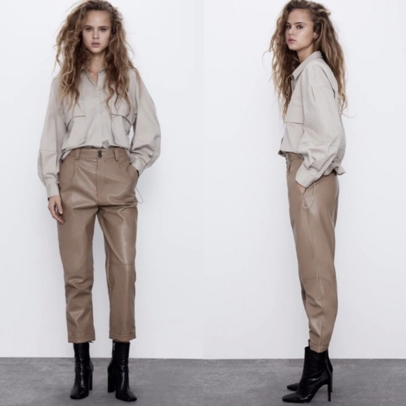 Zara Pants - Zara Faux Leather Tan Trouser Pants Contemporary Modern Minimalist